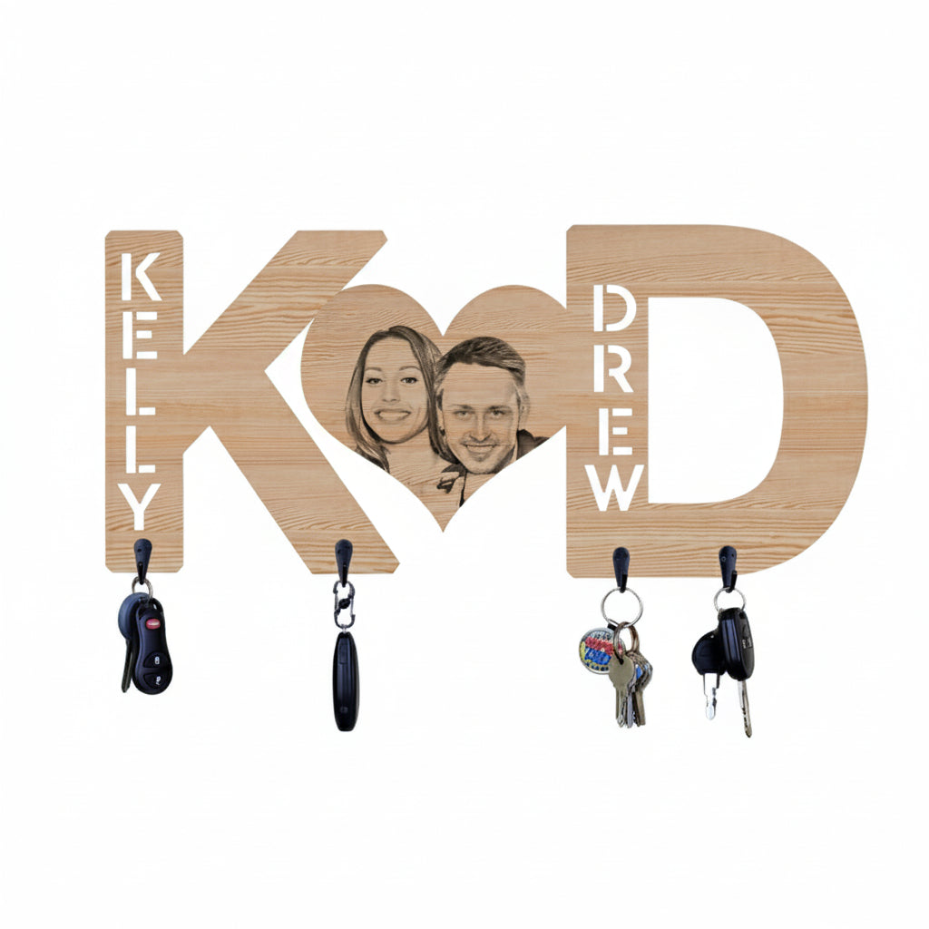 Portachiavi in legno inciso al laser con foto a forma di cuore con lettere personalizzate