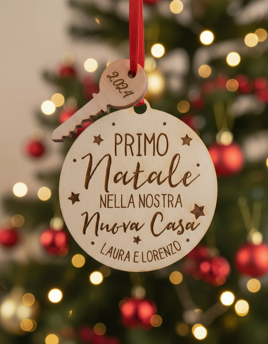 Pallina di Natale “Primo Natale nella Nostra Nuova Casa” in Legno Personalizzata con Nomi, Dedica e Anno – Idea Decorazione per Natale