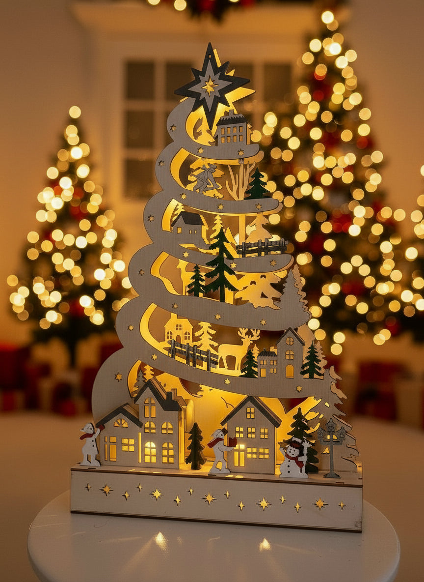 Albero di Natale in legno con villaggio illuminato a LED