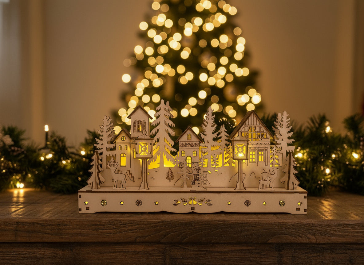 Decorazione natalizia in legno con luci LED – Villaggio invernale illuminato