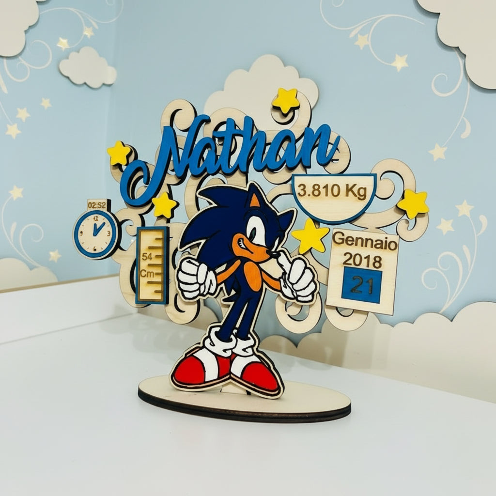 Targa Nascita Personalizzata in Legno – Con Personaggio Stilizzato, Nome e Dati del Bambino