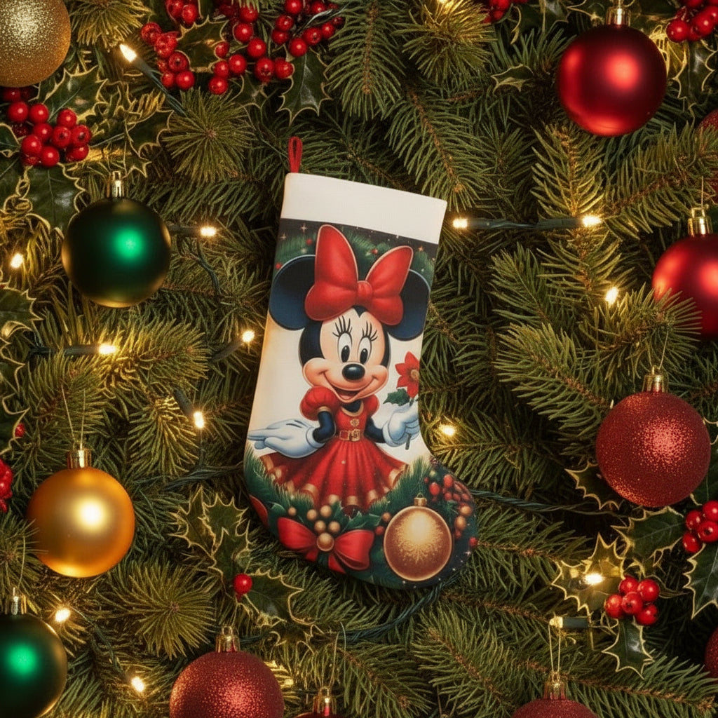 Calza Natalizia Minnie Vestito Rosso -Personalizzabile con Nome in Plexiglass o Legno