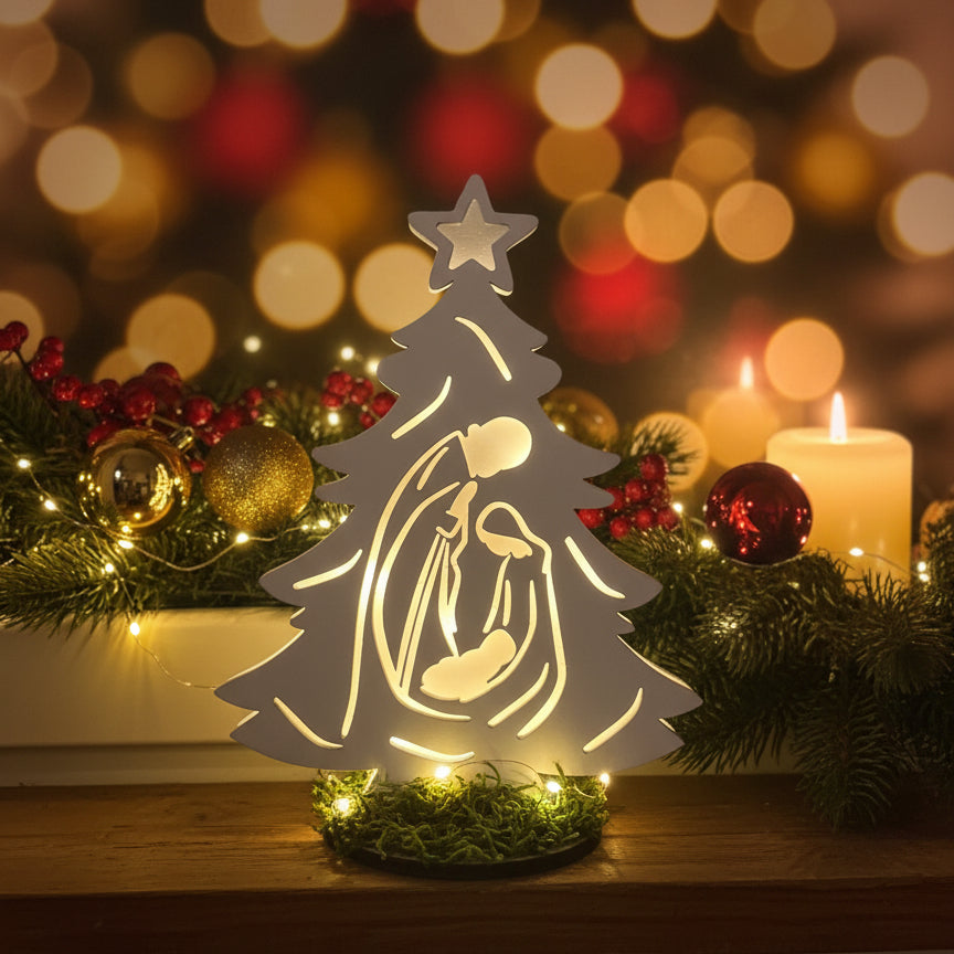 Albero Di Natale Con Sacra Famiglia In Legno