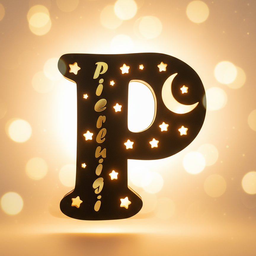 Lampada in legno a forma di Lettera e Nome personalizzato "P"