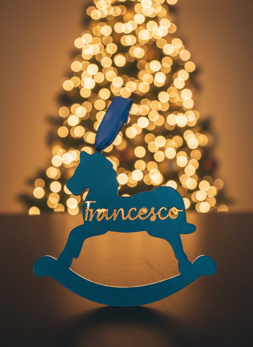 Pallina di Natale Con Appendino Cavallo a Dondolo Blu + Incisione del nome