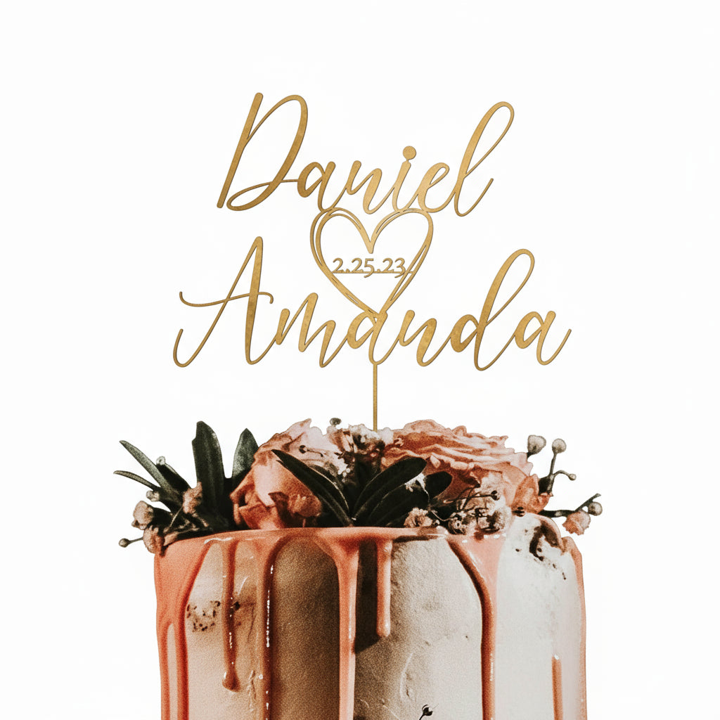 Topper per torta nuziale in plessiglass oro specchiato personalizzato con data e nome
