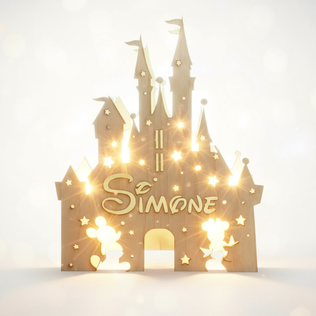 Lampada in legno Castello Walt Disney Tribute con luce led e personalizzabile con Nome e Iniziale