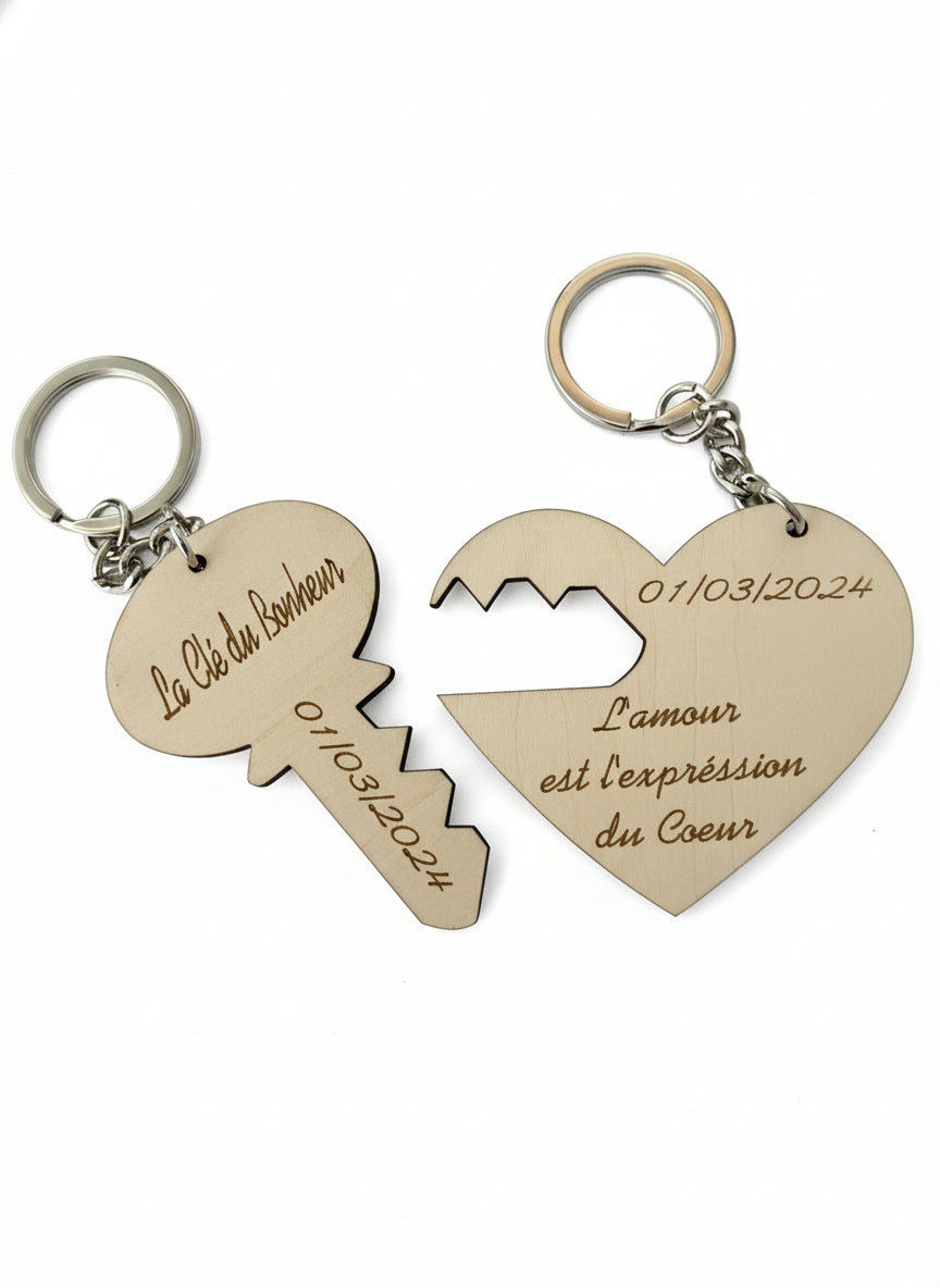 Portachiavi in legno inciso al laser Duo, San Valentino, personalizzato con chiave e cuore