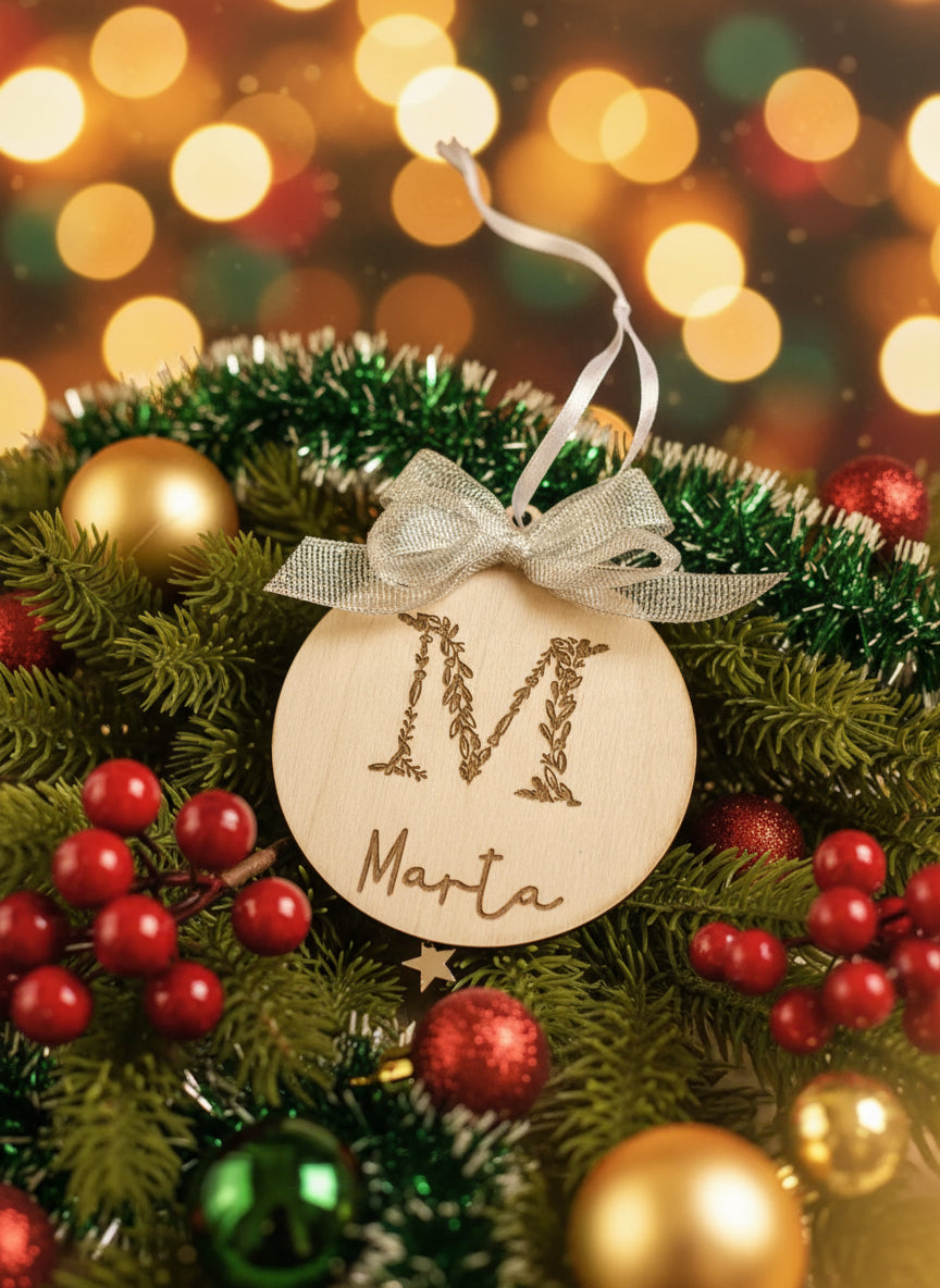 Pallina di Natale personalizzata con nome e iniziale natalizia incisa