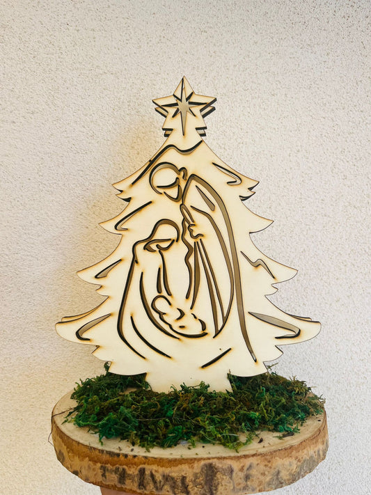 Albero Di Natale Con Sacra Famiglia In Legno