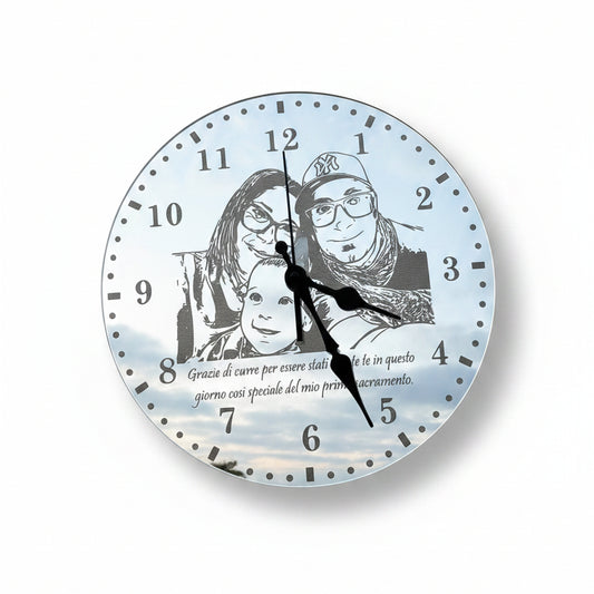Orologio da Parete in Plexiglass argento Specchiato con foto incisa