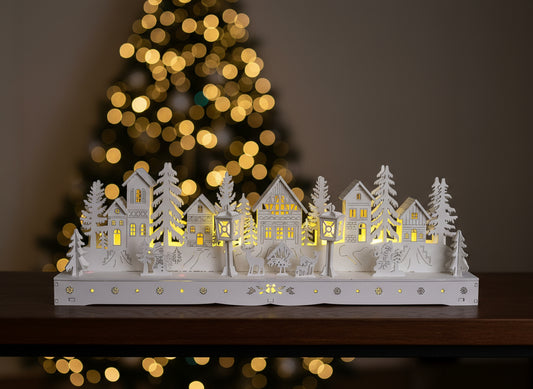 Villaggio Natalizio in legno bianco con illuminazione LED