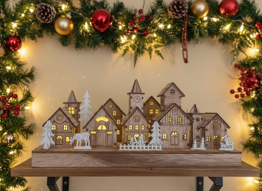 Villaggio Natalizio in legno con illuminazione LED calda