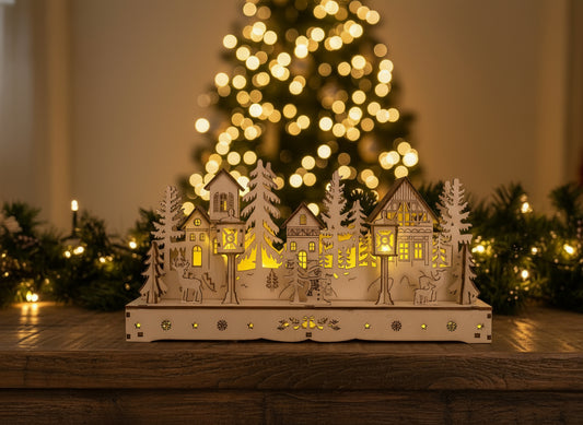 Decorazione natalizia in legno con luci LED – Villaggio invernale illuminato