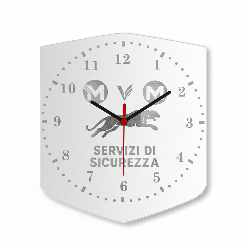 Orologio da Parete in Plexiglass Specchiato – Design Scudo con Incisione “Servizi di Sicurezza” - MC Creazioni  