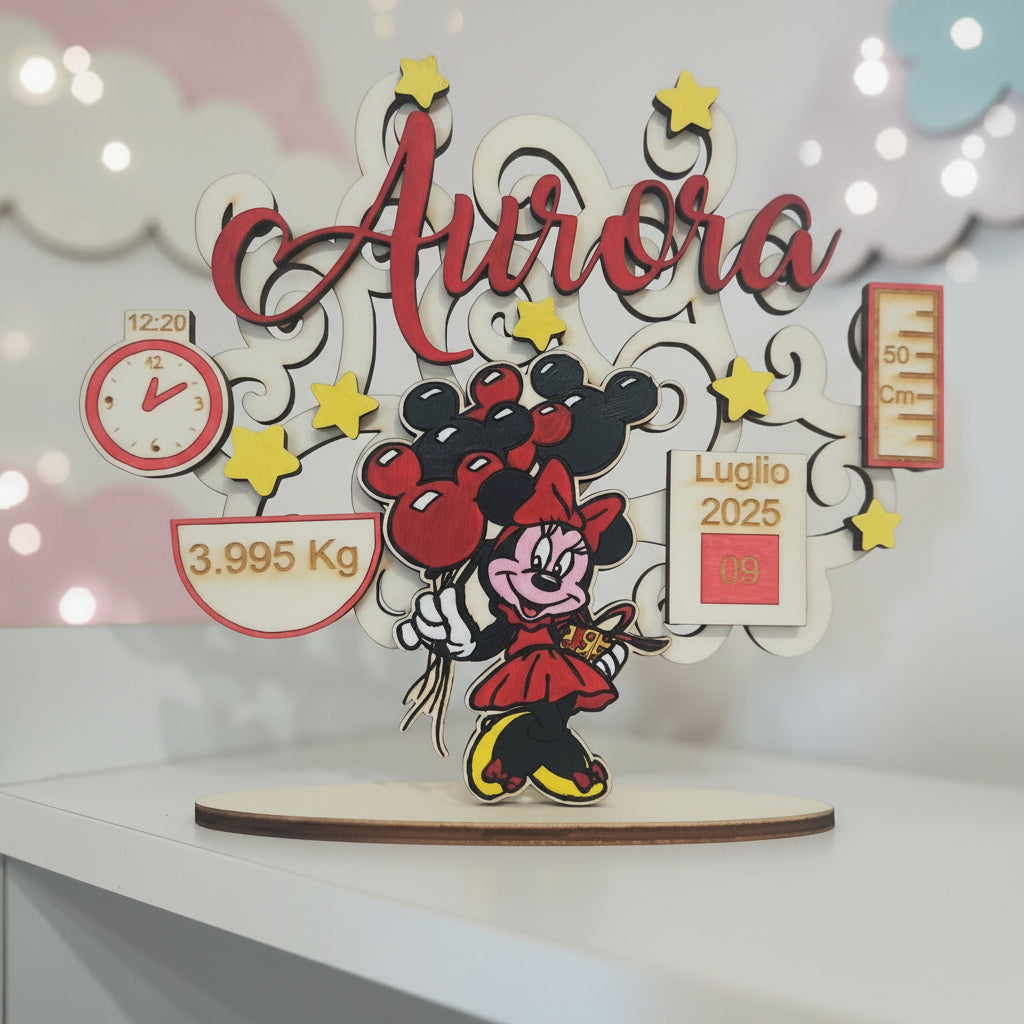 Targa Nascita Personalizzata in Legno - Con Personaggio Minnie, Nome e Dati del Bambino