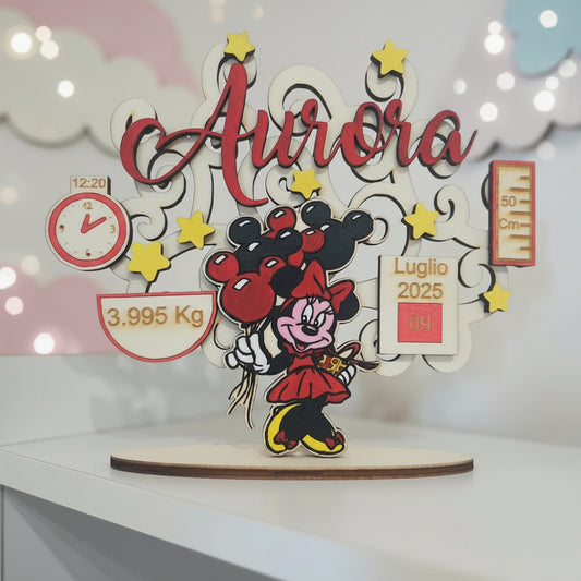 Targa Nascita Personalizzata in Legno - Con Personaggio Minnie, Nome e Dati del Bambino