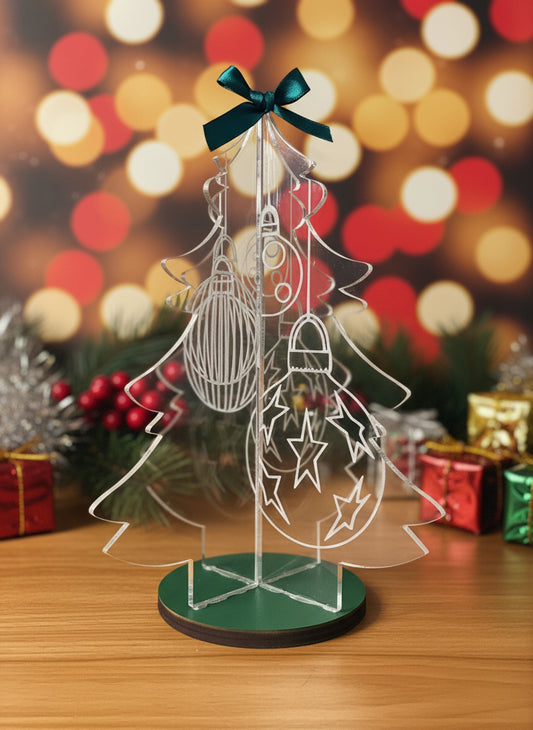 Albero di Natale in plexiglass inciso – Decorazione moderna con fiocco verde