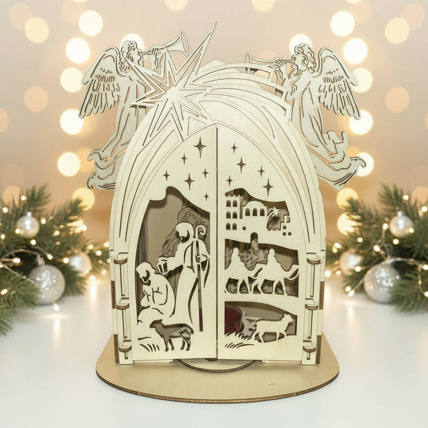 Presepe Natalizia in Legno – Decorazione con Candela Inclusa