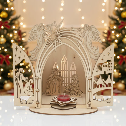 Presepe Natalizia in Legno – Decorazione con Candela Inclusa