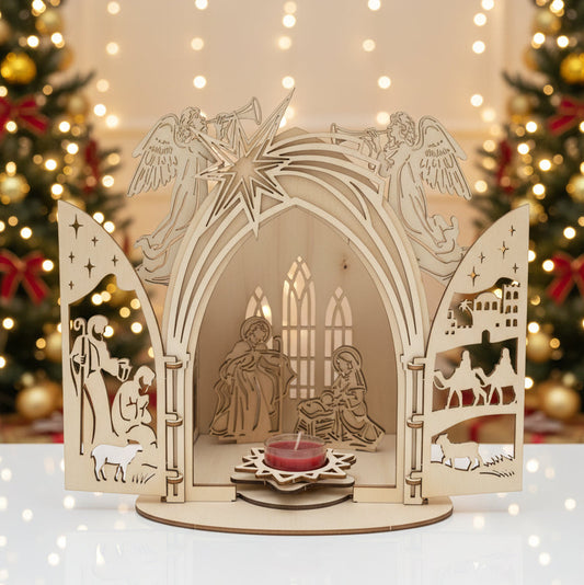 Presepe Natalizia in Legno – Decorazione con Candela Inclusa