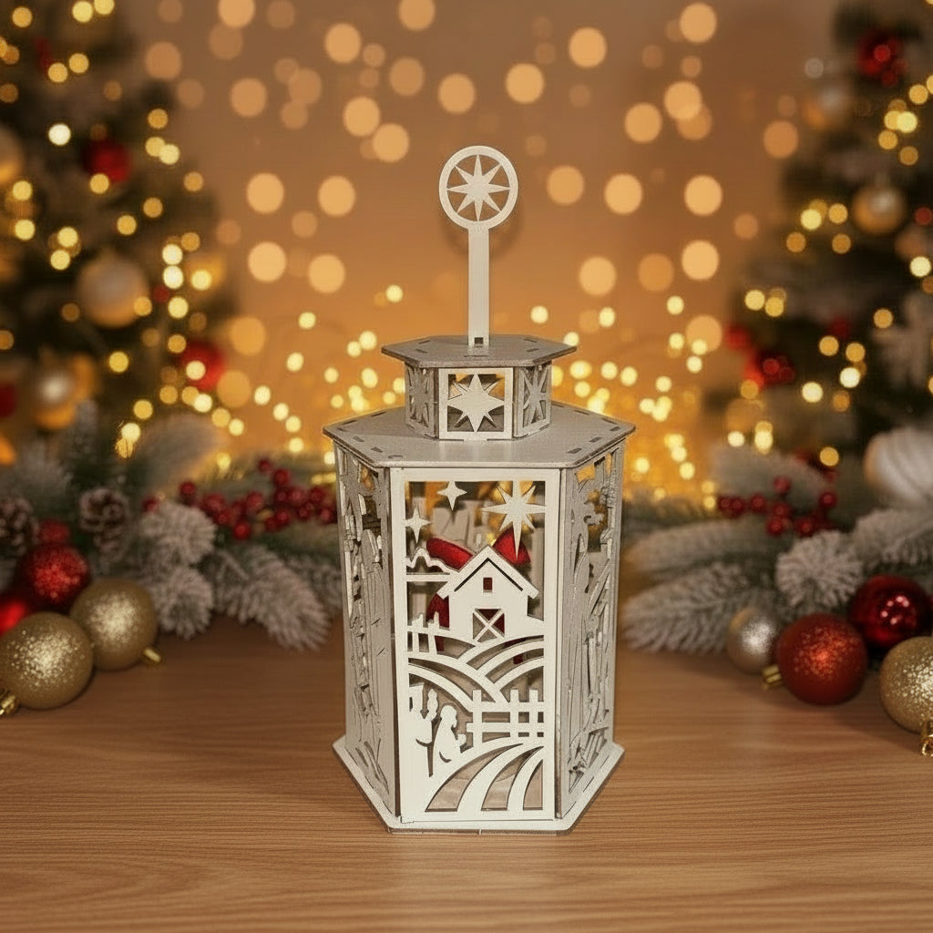 Lanterna Natalizia in Legno – Decorazione con Candela Inclusa