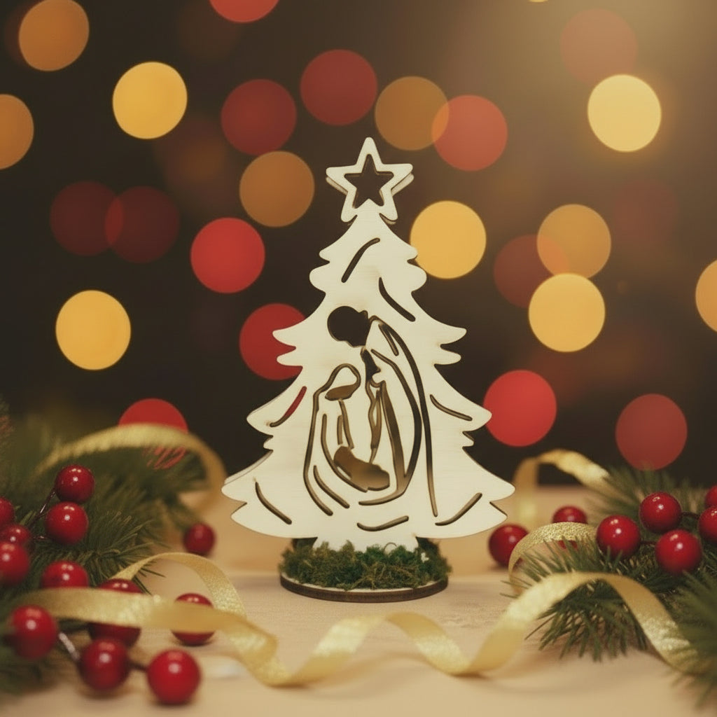 Albero Di Natale Con Sacra Famiglia In Legno