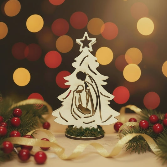 Albero Di Natale Con Sacra Famiglia In Legno