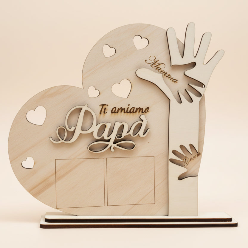 Portafoto in legno personalizzato – “Ti amiamo Papà” con mani incise