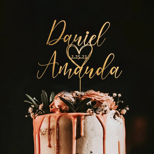 Topper per torta nuziale in plessiglass oro specchiato personalizzato con data e nome
