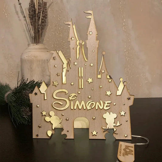Lampada in legno Castello Walt Disney Tribute con luce led e personalizzabile con Nome e Iniziale