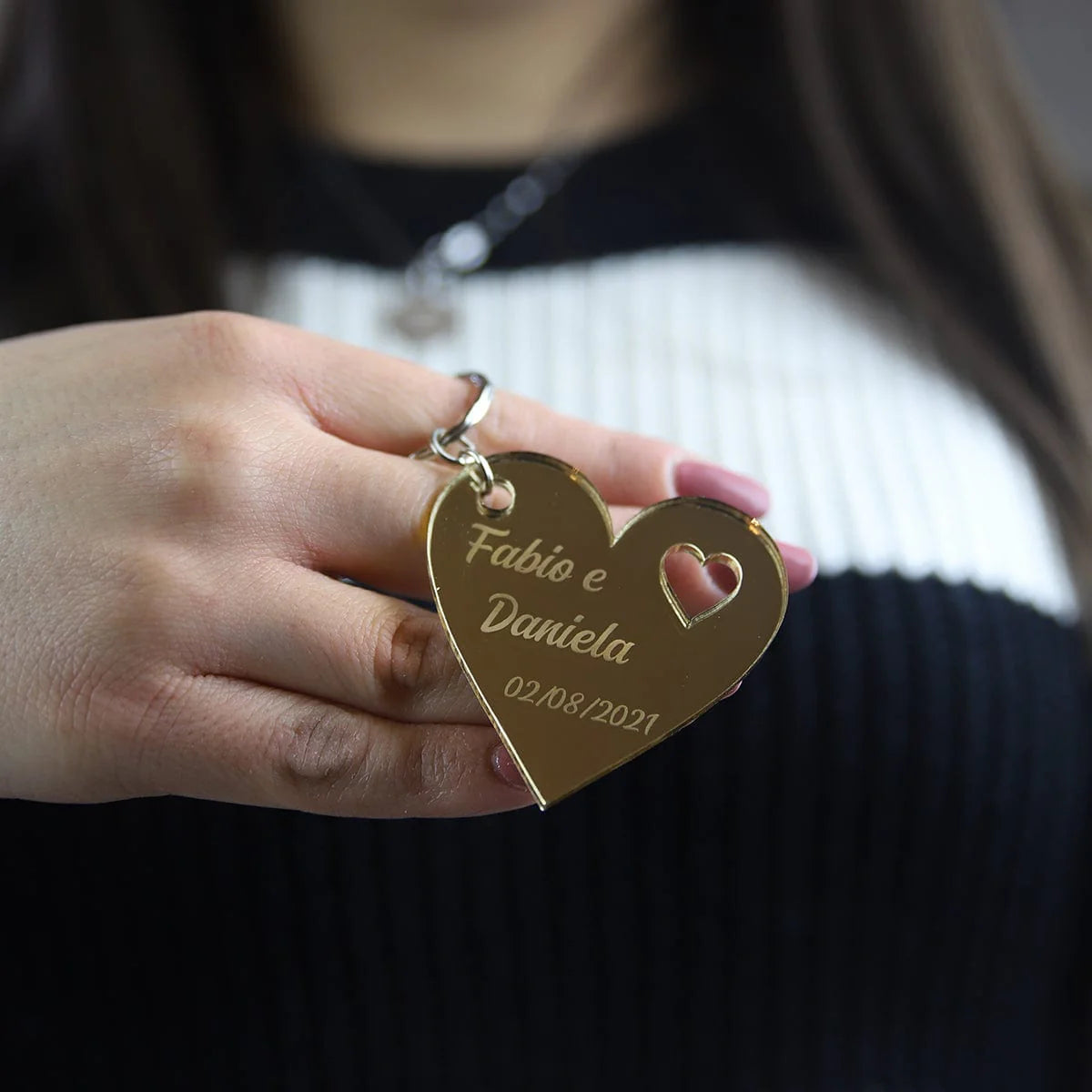 Portachiavi in legno inciso al laser Duo, San Valentino, con chiave e cuore